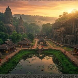 A majestic aerial view of Unakoti's massive rock-cut sculptures nestled in lush green Tripura hills during golden hour, with traditional Bengali-style cottages and modern eco-resorts seamlessly integrated into the landscape. The foreground shows a serene water body reflecting the orange-pink sky, surrounded by blooming lotus flowers and traditional lamp posts. Local villagers in colorful traditional Tripuri attire are seen walking on stone pathways. The scene features intricate Madhubani-style border patterns with elephants and peacocks. Mystical fog partially shrouds the distant hills, creating depth. The lighting is warm and ethereal, with sun rays filtering through trees, highlighting the ancient stone carvings. The color palette includes deep forest greens, earthy browns, sunset oranges, and royal blues. The art style combines photorealistic architectural details with dreamy, surreal elements, emphasizing both the historical significance and modern amenities. Small glowing lanterns dot the pathways, creating a magical atmosphere.