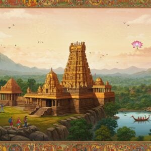 A vibrant, panoramic view of Ahobilam's surrounding landscape, blending traditional Indian art styles with modern digital aesthetics. In the foreground, a stylized depiction of the Ahobilam temple complex with intricate Dravidian architecture, adorned with gold and saffron hues. The temple is surrounded by lush green forests and cascading waterfalls, rendered in deep peacock blue. To the left, a group of trekkers in colorful attire ascending a rocky path towards a distant peak, symbolizing adventure activities. On the right, a serene lake reflects the sky, with a few boats carrying tourists, representing water activities. The sky is a soft gradient of pale pink and warm gold, with glowing mandalas and lotus flowers floating ethereally. In the distance, misty mountains are visible, their silhouettes blending into the surreal sky. Wildlife such as peacocks and deer are subtly integrated into the scene, painted in the Madhubani style. The entire image is framed by an ornate border inspired by Pattachitra art, featuring small vignettes of local flora and fauna. The overall composition creates a harmonious blend of spirituality, nature, and adventure, inviting the viewer to explore the wonders of Ahobilam and its surroundings.