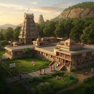 A serene aerial view of Ahobilam temple complex nestled among lush green hills, with the iconic gopuram rising above the trees. In the foreground, a modern, comfortable pilgrim rest house with traditional South Indian architecture blends seamlessly with the landscape. Warm, golden light bathes the scene, creating a welcoming atmosphere. Pilgrims in colorful attire can be seen entering the rest house, while others relax in a beautifully landscaped garden with a small pond. A signboard with 'Poojn.in' is visible near the entrance. The art style combines photorealistic details with subtle touches of Madhubani patterns in the sky and vegetation. Soft, glowing halos around the temple towers and rest house evoke a sense of divinity and comfort.