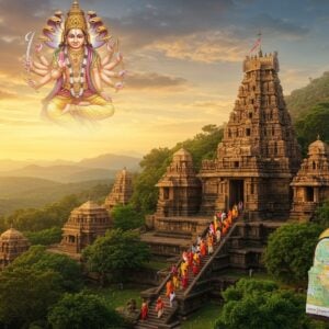 A majestic aerial view of Ahobilam nestled in the Eastern Ghats, with nine ancient temples glowing in soft golden light amidst lush green forests. In the foreground, a group of pilgrims in colorful traditional Indian attire ascend stone steps, their faces illuminated with devotion. A translucent, ethereal image of Lord Narasimha hovers protectively above the scene, His multiple arms holding various divine weapons. The sky is a blend of saffron and deep blue, with wispy clouds forming subtle Madhubani patterns. A modern backpack with a map of Ahobilam peeking out sits in the corner, symbolizing the journey ahead. The scene is rendered in a style that combines hyperrealistic digital art with elements of traditional Pattachitra, featuring intricate details and rich, deep colors like maroon, peacock blue, and gold.