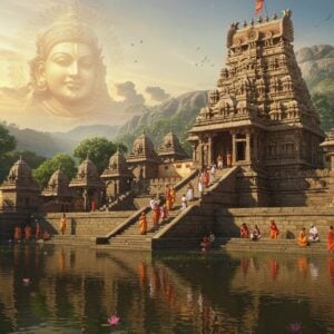 A majestic ancient temple complex nestled in the lush Nallamala Hills, with nine ornate shrines dedicated to Lord Narasimha visible among the verdant foliage. The main temple, adorned with intricate Dravidian architecture, stands tall with its golden vimanam gleaming in the sunlight. In the foreground, a serene lake reflects the temple's grandeur, with stone steps leading to the water's edge. Pilgrims in colorful traditional attire are seen ascending the temple stairs, while others meditate by the lakeside. The scene is bathed in a warm, ethereal light, creating a mystical atmosphere. In the sky, subtle cloud formations resemble the face of Narasimha, hinting at the temple's spiritual significance. The art style blends hyper-realistic details with elements of traditional Indian miniature paintings, featuring rich colors like deep maroon, saffron, and peacock blue. Intricate mandala patterns and lotus motifs are subtly integrated into the temple's architecture and surrounding nature, symbolizing the site's spiritual energy.