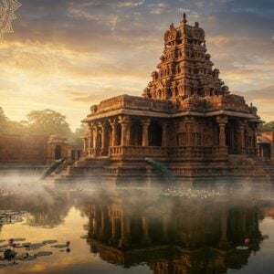 A majestic ancient Indian temple complex in golden hour sunlight, featuring the iconic Durga Temple of Aihole with its distinctive apsidal architecture and curved back wall. The temple structure rendered in rich, warm sandstone colors with intricate Chalukyan-style carvings on pillars and walls. Mythological figures and geometric patterns adorning the temple facade in remarkable detail. A serene water reflection pool in the foreground mirrors the temple's image, creating a symmetrical composition. Soft, ethereal morning mist partially surrounds the temple, with rays of sunlight breaking through, creating a divine atmosphere. Flowering lotus plants float in the reflection pool, while peacocks grace the temple steps. The scene combines traditional Chalukyan architecture with surreal lighting effects, featuring a color palette of deep orange, golden yellow, and peaceful blue tones. Ornate mandala patterns float in the air like spiritual energy, rendered in glowing golden light. The composition maintains historical accuracy while incorporating mystical elements, styled as a blend of hyperrealistic architectural photography and traditional Indian art motifs. --ar 16:9 --s 750 --style raw --q 2