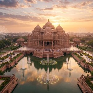 A majestic aerial view of Akshardham Temple complex in golden hour sunlight, its intricate pink sandstone architecture reflecting in the surrounding water bodies. The main temple's ornate spires and domes dominate the center, with detailed Rajasthani-style carvings visible. In the foreground, beautiful fountain gardens with choreographed water displays creating ethereal patterns. The surrounding area shows modern Delhi's skyline seamlessly blending with traditional architecture. Soft pastel clouds in the sky cast a mystical glow, with subtle rays of light breaking through. The scene includes small figures of visitors in traditional Indian attire walking through the premises, giving scale to the grandeur. Mandala-inspired patterns float in the air, created by light reflections from the water. The composition includes glimpses of nearby attractions like the Yamuna River and the Delhi Metro bridge, integrated naturally into the landscape. Art style combines hyperrealistic architectural details with ethereal lighting and traditional Indian artistic elements, rendered in rich golds, deep reds, and peaceful blues. Photorealistic quality with subtle magical elements, shot from a 45-degree elevated angle.