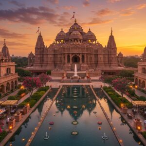 A majestic aerial view of Akshardham Temple during golden hour, its intricate pink sandstone architecture gleaming with ornate carvings and detailed spires reaching skyward. In the foreground, a modern luxury hotel with glass facades reflects the temple's grandeur, its infinity pool seemingly merging with the temple's fountains. The scene is dotted with contemporary restaurants featuring outdoor seating areas with traditional Indian parasols and modern furniture. Soft, warm lighting illuminates the entire scene, with floating lotus flowers and diyas in the foreground water bodies. The sky features a gradient of deep orange to purple, with delicate clouds. The architectural style combines traditional Madhubani patterns in the temple details with sleek, modern elements in the surrounding buildings. The scene is enhanced with subtle golden sparkles and ethereal light rays falling on the temple's main dome. In the mid-ground, beautifully landscaped gardens with flowing pathways connect the temple complex to the surrounding establishments. The entire composition is framed by blooming frangipani trees and modern street lamps with traditional Indian motifs.