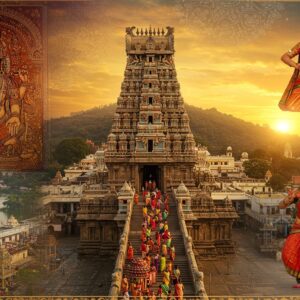 A majestic aerial view of Tirumala Venkateswara Temple atop Tirumala hills, illuminated by golden sunrise. In the foreground, a group of devotees in traditional Andhra attire ascend the steps, carrying colorful offerings. The scene transitions into a collage of Andhra cultural elements: an intricate Kalamkari painting to the left, showcasing mythological stories; a classical Kuchipudi dancer in vibrant costume mid-performance on the right. Below, a serene Krishna River flows, its banks dotted with small temples and ghats. The sky is adorned with stylized mandalas and lotus patterns in soft pastels, merging traditional motifs with modern digital art. Rich colors of saffron, deep blue, and maroon dominate, with touches of gold highlighting key elements. The overall composition creates a dreamlike, spiritual atmosphere, blending realism with surreal elements to capture the essence of Andhra Pradesh's cultural and spiritual heritage.