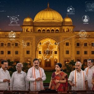 A grand, ornate government building in Andhra Pradesh style architecture, illuminated by golden light, with intricate Kalamkari patterns adorning its facade. In the foreground, a group of diverse Indian politicians and administrators in modern attire, engaged in animated discussion. Behind them, a stylized map of Andhra Pradesh formed by interconnected glowing lines, symbolizing governance networks. Floating above are miniature icons representing key sectors like agriculture, technology, and education. The scene is framed by digital interfaces showing real-time data and legislative processes. Art style blends traditional Andhra motifs with sleek, futuristic elements, using a palette of deep blues, golds, and saffron. Soft, ethereal lighting adds a sense of importance and gravitas to the scene.