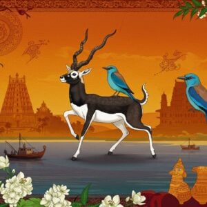 A vibrant, stylized digital illustration showcasing the state symbols of Andhra Pradesh in a harmonious composition. In the center, a majestic blackbuck (state animal) leaps gracefully, its antlers adorned with intricate Kalamkari patterns. Perched on its back, an Indian roller bird (state bird) displays its brilliant blue plumage. Surrounding them, a lush border of fragrant jasmine flowers (state flower) intertwines with neem leaves (state tree). In the background, the iconic Tirumala Tirupati temple silhouette rises, bathed in a warm golden glow. The Bay of Bengal shimmers to one side, with fishing boats dotting the horizon. Traditional Andhra motifs like Kondapalli toys and Kalamkari art elements float ethereally in the sky. The overall scene is rendered in rich, deep colors of saffron, maroon, and peacock blue, with gold accents highlighting key elements. The art style blends traditional Indian techniques with modern digital aesthetics, creating a captivating visual representation of Andhra Pradesh's cultural identity.