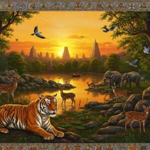 A vibrant, panoramic view of an Andhra Pradesh national park at sunset, featuring a majestic Bengal tiger in the foreground, its striped coat gleaming in the golden light. The landscape transitions from lush green forests to rocky outcrops, with a serene lake reflecting the warm sky. In the mid-ground, a herd of spotted deer graze peacefully, while a family of Indian elephants bathes in the shallows. Exotic birds like the Indian roller and painted stork soar overhead. The scene is framed by intricate Madhubani-style borders with motifs of local flora and fauna. The art style blends hyperrealism with traditional Indian artforms, using rich, deep colors of saffron, forest green, and peacock blue. Soft, ethereal lighting bathes the scene, creating a sense of magic and tranquility. In the distance, ancient temple spires peek through the canopy, symbolizing the harmony between nature and culture in Andhra Pradesh.