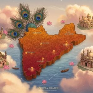 A vibrant, stylized map of Andhra Pradesh floating in a serene, ethereal space. The map is rendered in rich, deep colors of saffron, maroon, and peacock blue, with intricate Madhubani-inspired patterns filling the land areas. Key cities are marked by glowing, mandala-like icons in warm gold. The Bay of Bengal is depicted as a calm, translucent surface with soft ripples. Surrounding the map are miniature scenes of Andhra Pradesh's iconic landmarks: Tirumala temple, Charminar, and Araku Valley, each rendered in a blend of traditional Pattachitra and modern digital art styles. Floating lotus flowers and delicate, glowing threads connect these landmarks to their locations on the map. The entire composition is framed by a large, ornate peacock feather design, symbolizing the state bird. Soft, pastel-colored clouds with hints of pink and blue surround the scene, creating a dreamy atmosphere. The lighting is warm and inviting, with a subtle golden glow emanating from the map itself.