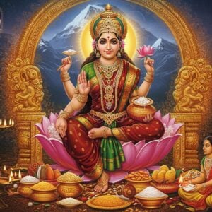 A majestic portrait of Goddess Annapoorneshwari in her divine form, seated cross-legged on a golden lotus throne against a ethereal backdrop of the Kailash mountains. She has four arms - her right hands holding a jewel-studded golden spoon and a sacred scripture, while her left hands hold a pot of abundant food and a blooming lotus. She wears a rich maroon and gold silk saree with intricate Madhubani-style border patterns. Her serene face glows with divine radiance, adorned with traditional South Indian temple jewelry including a large nose ring, elaborate maang tikka, and multiple necklaces. Around her float golden rice grains and vibrant food offerings in traditional bronze vessels. The scene is illuminated by soft, warm light creating a mystical atmosphere with swirling patterns of saffron and gold. In the foreground, a decorative bronze lamp burns with multiple flames. The background features subtle mandala patterns in peacock blue and gold, with small vignettes of devotees receiving food blessings. The art style combines hyperrealistic digital rendering with traditional Indian temple art aesthetics, creating a modern yet spiritually authentic portrayal.