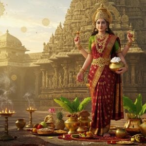 A majestic Indian temple courtyard at dawn with Goddess Annapoorneshwari as the central figure, depicted as a beautiful Indian woman with four arms, wearing a rich maroon and gold silk saree with intricate Madhubani-style border patterns. In her hands, she holds a golden spoon (upper right), a jewel-studded pot of food (upper left), while her lower right hand is in abhaya mudra and lower left hand holds a bowl of rice. She wears traditional gold temple jewelry including a elaborate crown with gemstones. Behind her, a massive ornate temple gopuram rises, decorated with intricate Pattachitra-style carvings in gold. The foreground shows a ceremonial arrangement of brass vessels filled with grains, fruits, and traditional Indian food offerings. Soft morning light creates a golden glow, with ethereal rays filtering through incense smoke. Floating mandalas in peacock blue and gold appear in the background. The scene includes stylized lotus flowers, banana leaves, and traditional rangoli patterns in saffron and white. The atmosphere combines divine radiance with serene spirituality, rendered in a modern digital art style while maintaining traditional Indian art elements.