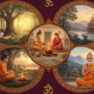 A serene Indian landscape at sunrise showing four distinct scenes seamlessly blending into each other in a mandala-inspired circular composition. In the first quarter, a young Brahmacharya in simple white dhoti studying ancient texts under a sacred banyan tree with golden light filtering through leaves. Second quarter shows a Grihastha couple in traditional attire performing a sacred fire ceremony in front of their traditional home adorned with rangoli patterns. Third quarter depicts a Vanaprastha sage with gray hair and simple saffron robes meditating in a Himalayan forest setting with misty mountains in background. The final quarter shows an elderly Sanyasi in deep meditation, surrounded by a subtle golden aura, near a ancient stone temple. The entire scene is unified by intricate Madhubani-style borders featuring sacred symbols, lotus flowers, and peacock motifs in deep maroon and gold. Soft ethereal light bathes the entire composition, with delicate spiritual symbols like Om floating in the atmosphere. The art style combines hyperrealistic figures with traditional Indian artistic elements, rendered in a modern digital aesthetic with rich textures and atmospheric lighting.