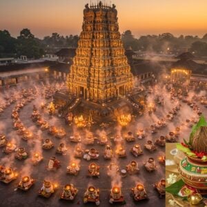 A birds-eye view of thousands of Indian women in traditional Kerala sarees (cream with golden borders) performing Pongala, creating concentric circles around the magnificent Attukal Bhagavathy Temple illuminated in golden light. Clay pots with rice offerings steam simultaneously, creating a mystical fog effect across the scene. The temple architecture features intricate Dravidian details with golden highlights. Multiple small sacred fires glow in perfect harmony, creating a mesmerizing pattern across the urban landscape. The scene is captured during sunrise, with soft orange and pink hues in the sky. Ethereal streams of light pass through the steam, creating divine light rays. In the foreground, a detailed view of a decorated clay pot with fresh rice, coconut, and jaggery offerings, adorned with fresh jasmine flowers and tender coconut leaves. The art style combines hyperrealistic digital photography with traditional Kerala mural art elements, featuring rich gold accents and intricate patterns. The overall mood is serene and devotional, with a modern aesthetic treatment.