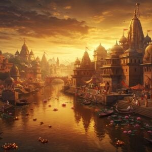 A breathtaking aerial view of ancient Ayodhya at sunset, featuring intricate Madhubani-style architecture with golden domes and spires rising against a deep saffron sky. In the foreground, the sacred Sarayu River flows with glowing diyas floating on its surface, creating reflected patterns of light. The cityscape seamlessly blends traditional Indian temple architecture with detailed Pattachitra-style patterns. Multiple layers of the city visible, showing ancient stone structures, traditional marketplaces with colorful fabrics, and sacred ghats. Warm golden light bathes the scene, with ethereal rays filtering through clouds. Small details include pilgrims walking along the ghats, temple bells, and blooming lotus flowers along the riverbank. The scene is rendered in rich, deep colors - maroon, peacock blue, and gold - with intricate cultural motifs and mandalas subtly woven into the architecture. The composition should have a dreamy, surreal quality while maintaining historical accuracy, captured in a cinematic wide-angle perspective with atmospheric depth.