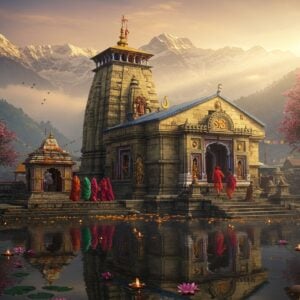 A majestic ancient stone Shiva temple with intricate Nagara architecture set against snow-capped Dhauladhar mountains at sunrise, the temple's spire decorated with ornate carvings and golden accents. The foreground features a serene lotus pond reflecting the temple's image, with floating diyas and marigold flowers. Traditional Himachali prayer flags in muted colors flutter in the breeze. A group of devotees in traditional Himachali attire (women in colorful pattus and men in traditional caps) ascending the temple steps. Soft morning mist surrounds the scene, with rays of golden sunlight breaking through, creating a divine atmosphere. The scene is rendered in a fusion of Pahari miniature painting style and modern digital art, with rich textures and detailed architectural elements. The color palette includes deep maroons, burnt orange, gold, and cool mountain blues. Sacred bells and intricate stone sculptures of deities adorn the temple entrance, while blooming rhododendrons add splashes of vibrant red to the mountainous landscape.