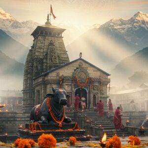 A majestic ancient stone temple with intricate Nagara architecture style emerging through morning mist, set against the backdrop of snow-capped Himalayas. The temple's shikhara features detailed stone carvings of Lord Shiva and celestial beings in Madhubani art style. A large Nandi statue in black stone sits prominently in the foreground, adorned with fresh flower garlands and bells. Golden morning sunlight filters through the mist, creating a divine atmosphere with rays highlighting the temple's stone textures. The temple complex includes blooming lotus pools and ancient stone steps leading to the main shrine. Several devotees in traditional Himachali attire perform morning rituals. The scene is enhanced with floating diyas, incense smoke, and scattered marigold flowers. The color palette includes deep greys of the stone temple, warm golden sunlight, rich maroons of the flowers, and cool blues of the mountain backdrop. The art style combines photorealistic architectural details with ethereal, spiritual elements, creating a serene and mystical atmosphere. Intricate mandala patterns are subtly woven into the misty background.