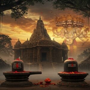 A majestic ancient stone temple with intricate Nagara architecture style emerges from morning mist, its spires reaching toward a dramatic sky filled with swirling golden clouds. The temple's facade features detailed Sanskrit carvings and reliefs depicting scenes from the Ramayana. In the foreground, a towering 8-foot black stone Shiva lingam gleams with traces of vermillion and fresh flowers. A ghostly, ethereal image of Ravana with his ten heads and twenty arms playing the veena appears translucent in the background, rendered in traditional Pattachitra style with gold accents. The scene is illuminated by multiple brass oil lamps creating a warm, mystical glow. Ancient banyan trees with hanging roots frame the temple, their branches adorned with red sacred threads. The overall color palette consists of deep browns, burnt orange, gold, and midnight blue. Intricate mandala patterns and yantra designs float subtly in the misty air. The scene captures both the architectural grandeur and the mystical atmosphere, with hyperrealistic textures of ancient stone contrasting with ethereal spiritual elements. The lighting creates a dramatic interplay of light and shadow, emphasizing the temple's historical significance and spiritual aura.