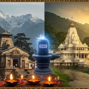 A majestic split-screen composition showing two sacred Shiva temples: on the left, the ancient stone Baijnath Temple of Himachal Pradesh with snow-capped Dhauladhar mountains in background, its intricate Nagara architecture detailed with carved spires and shikhara, surrounded by deodar trees; on the right, the grand Baijnath Dham of Jharkhand with its white marble structure reflecting golden sunlight, set against lush green tropical landscape with the Babaganga river flowing. In the center, a large ethereal Shiva lingam emanating divine blue light connects both temples. The scene features intricate Madhubani-style border patterns in gold and peacock blue. Traditional oil lamps with glowing flames float in the foreground. The atmosphere is mystical with swirling smoke from incense, subtle mandalas in the sky, and lotus petals falling. The lighting creates a dramatic contrast - cool morning light on the Himachal temple and warm evening glow on the Jharkhand temple. Highly detailed digital art with photorealistic textures and surreal spiritual elements.