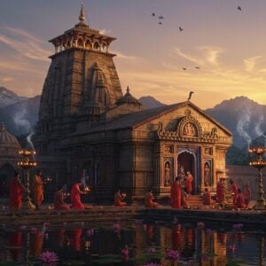 A magnificent ancient Shiva temple complex at sunset, crafted in intricate Nagara architecture style with detailed stone carvings and ornate spires reaching skyward. The main shrine features Lord Shiva in his healing form as Vaidyanath, depicted through traditional Indian art style. The temple's reflection shimmers in a sacred pond filled with lotus flowers. Soft golden light filters through carved jali windows, creating mystical light patterns on the stone floor. In the foreground, devotees in traditional Indian attire perform evening aarti with brass lamps, their faces illuminated by the warm glow. The scene is surrounded by lush Himalayan landscapes with snow-capped peaks in the distance. Ethereal wisps of incense smoke curl through the air, creating a dreamy atmosphere. The color palette features deep maroons, rich golds, and peaceful blues. The art style combines hyperrealistic architectural details with spiritual symbolism, incorporating mandala patterns and sacred geometry in the background. The overall composition emanates peace and divine energy, with subtle glowing auras around the temple spires.