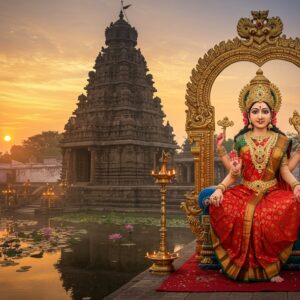 A magnificent ancient stone temple with intricate South Indian Dravidian architecture rising against a mystical dawn sky, its golden spire gleaming. The temple is surrounded by a serene lotus pond reflecting the sunrise in warm oranges and pinks. In the foreground, a beautifully adorned representation of Goddess Bala Tripura Sundari seated on a red lotus throne, depicted as a young divine maiden of 16 years, with four arms - holding a noose, goad, sugarcane bow, and five flower arrows. She wears a bright red silk saree with gold border, adorned with traditional temple jewelry including a nose ring, bangles, and a crown studded with precious gems. The background features detailed Madhubani-style patterns with peacock motifs and sacred geometric yantra designs in gold. Soft ethereal light emanates from the goddess, creating a divine aura. Traditional oil lamps and flower garlands decorate the temple entrance, while morning mist adds a mystical atmosphere. The scene combines photorealistic architectural details with spiritual symbolism and an otherworldly glow.