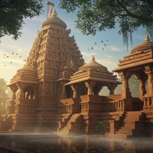 A majestic ancient Indian temple complex emerging from morning mist, featuring intricate Kalinga architecture with curvilinear shikhara towers decorated with detailed stone carvings. The main temple's spire reaches dramatically skyward, adorned with ornate geometric patterns and miniature temple motifs. In the foreground, intricate stone-carved deities and celestial beings in traditional Odishan style dance along the temple walls. The scene is illuminated by golden morning sunlight creating dramatic shadows across the weathered sandstone structure. Delicate lotus motifs and sacred symbols are carved into the temple pillars. The temple courtyard features a serene reflection pool with floating lotus flowers. Ethereal rays of light filter through the temple's ornate jali windows, creating patterns on the stone floor. The color palette includes warm sandstone browns, deep maroons, and touches of gold with a mystical blue morning sky. The scene combines photorealistic architectural details with elements of magical surrealism, rendered in a style merging traditional Indian art with modern digital aesthetics. Ancient banyan trees with hanging roots frame the temple, their leaves casting dappled shadows on the carved walls.