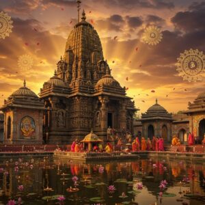 A majestic ancient stone temple complex in Maharashtra style architecture, with intricate Maratha-era carvings, rising against a dramatic sunset sky with deep oranges and purples. The main temple features a tall spire (shikhara) adorned with detailed sculptures of deities and mythological scenes. In the foreground, a serene water reflection pool mirrors the temple, surrounded by blooming lotus flowers and traditional oil lamps (diyas). The temple walls showcase detailed Madhubani-style artwork depicting Lord Shiva and various Hindu mythological scenes in rich colors of gold, saffron, and deep blue. Soft, ethereal light streams through the temple's ornate windows, creating a mystical atmosphere. The scene includes small groups of devotees in traditional Maharashtrian attire (women in nauvari sarees, men in dhoti-kurtas) performing puja rituals. The entire scene is enhanced by floating golden mandalas and spiritual symbols in the background, with delicate flower petals falling through beams of divine light. The art style combines photorealistic architectural details with mystical Indian art elements, creating a seamless blend of historical accuracy and spiritual atmosphere.