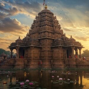 Majestic ancient Indian temple complex at sunrise, featuring intricate Kalinga-style architecture with towering spires and elaborate stone carvings. The main temple's curved rekha deul rises dramatically against a mystical sky filled with soft golden clouds and streaming rays of light. Detailed stone carvings of deities and celestial dancers adorn the walls, rendered in the traditional Odisha style. In the foreground, a serene pond reflects the temple's image, surrounded by blooming lotus flowers in pink and white. The scene is enhanced with floating oil lamps and subtle traces of sandalwood incense smoke. Rich earthy tones of sandstone contrast with deep blues and golds in the sky. The architectural details showcase traditional Nagara style elements with ornate lattice work, while small groups of devotees in traditional Odishan attire perform morning rituals. Artistic style combines hyperrealistic architectural details with ethereal lighting and mystical atmosphere, merging Madhubani patterns in the decorative elements. The composition emphasizes the temple's grandeur while maintaining a spiritual, peaceful ambiance.