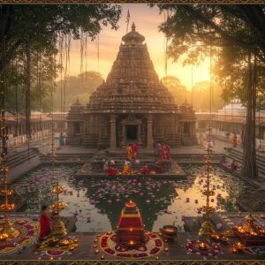 A majestic aerial view of Baleshwar temple complex during golden sunrise, with Lord Shiva's ancient stone temple at center featuring intricate Kalinga architecture. The temple spire reflects in a sacred pond filled with pink lotus flowers. Devotees in traditional Odisha attire performing morning rituals with brass lamps. The scene is surrounded by banyan trees with hanging roots creating mystical frames. Divine rays of light pierce through morning mist, creating halos around the temple shikhara. Foreground shows elaborate mandala patterns made with flowers and rice powder. The color palette includes deep maroons, sunset gold, and peacock blue. Intricate Pattachitra-style borders frame the scene with traditional Odisha motifs. The atmosphere is ethereal with floating diyas and incense smoke creating a dreamlike quality. Style combines photorealistic architecture with mystical Indian art elements, maintaining spiritual authenticity while appearing modern and inviting.