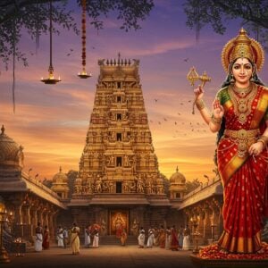 A majestic temple structure with traditional South Indian Dravidian architecture, featuring intricate golden gopuram adorned with detailed sculptural work, set against a mystical twilight sky with soft purple and orange hues. In the foreground, a larger-than-life, ethereal representation of Goddess Bannari Amman, depicted as a beautiful Indian woman with four arms, wearing a rich red and gold silk saree with traditional temple jewelry. In her hands, she holds a trishul (right upper), lotus flower (left upper), while her lower hands are in abhaya and varada mudras. The Goddess emanates a divine golden aura, surrounded by floating marigold flowers and illuminated oil lamps. The temple courtyard features sacred banyan trees with hanging roots, decorated with yellow and red cloth. Devotees in traditional Tamil attire are seen performing pradakshina around the temple. The scene incorporates Madhubani-style decorative patterns in the sky, while maintaining a modern digital art aesthetic with dramatic lighting and subtle lens flares. The overall composition suggests divine power, protection, and spiritual tranquility.