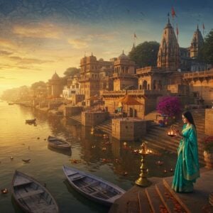 A mystical aerial view of Varanasi at dawn, featuring ancient stone ghats stretching along the sacred Ganges River, bathed in golden-orange morning light. In the foreground, a young Indian woman in a silk turquoise saree with gold border stands on a hidden, less-known ghat, holding a traditional brass lamp with flickering flames. The middle ground reveals narrow, winding lanes leading to unexplored temples with intricate Nagara architecture. Hidden courtyards with blooming bougainvillea and secret meditation spots are nestled between ancient buildings. The sky features swirling patterns inspired by Madhubani art, with peacocks and lotus motifs in deep indigo and gold. Floating diyas and marigold flowers dot the river's surface, creating patterns of light. The background showcases lesser-known temples with unique architectural elements, their spires emerging through a light morning mist. The scene is rendered in a detailed digital art style, combining photorealism with traditional Indian artistic elements, emphasizing rich textures and atmospheric lighting. Style: cinematic, ethereal, with elements of traditional Indian art forms merged with modern digital techniques.