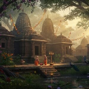 A mystical Indian temple complex at dawn, with ancient stone architecture featuring intricate Kalinga-style carvings and sculptures. In the foreground, a partially hidden, weathered temple emerges from lush tropical foliage with flowering vines. The main focal point shows ornate temple spires (shikharas) rising through morning mist, illuminated by golden sunlight. Prayer flags in saffron and deep red flutter in the breeze. Small oil lamps cast a warm glow near the temple entrance, where traditional rangoli patterns in vibrant colors decorate the stone steps. Two elderly Indian priests in traditional dhoti and angavastram perform morning rituals. The scene is complemented by peacocks perched on temple walls and morning lotus blooms in a nearby pond. Ethereal rays of light filter through old banyan trees, creating a dreamlike atmosphere. Art style combines hyperrealistic digital rendering with traditional Pattachitra patterns in the architectural details, featuring rich colors of deep maroon, burnished gold, and peacock blue. The overall mood is mysterious and inviting, suggesting hidden spiritual treasures waiting to be discovered.