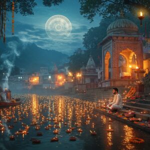 A serene nighttime scene of Haridwar's Har Ki Pauri ghat illuminated by hundreds of glowing diyas floating on the crystal-clear Ganges river, their reflections creating a mesmerizing pattern of golden light on the water. In the foreground, a young Indian spiritual seeker in contemporary white kurta sits in meditation on ancient stone steps, surrounded by marigold flowers and ceremonial offerings. The background features mist-shrouded Himalayan foothills with hidden ashrams nestled among them, their windows emitting a soft, warm glow. Ancient banyan trees with hanging roots frame the scene, adorned with colorful prayer flags gently swaying in the breeze. The sky features a grand mandala-inspired moon in peacock blue and gold, casting ethereal rays that illuminate ancient stone archways covered in intricate Madhubani-style patterns. Mystical smoke from burning incense creates swirling patterns in the air, merging with the mist. The overall color palette combines deep midnight blues, warm golds, saffron, and subtle turquoise, rendered in a dreamy, photorealistic digital art style with elements of traditional Indian art motifs.