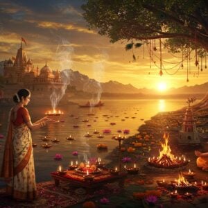 A mystical Indian landscape at golden hour, featuring a serene river Ganga with floating diyas and lotus flowers. In the foreground, a young Indian woman in a flowing white and gold silk saree performs an aarti ceremony, her silhouette illuminated by the warm light. Behind her, multiple layers of India's spiritual diversity unfold: a distant ancient temple merges into snow-capped Himalayas, a Sufi dargah's dome gleams in moonlight, a banyan tree adorned with red threads and bells stands wisely, and a sadhu meditates in lotus position near a sacred fire. The scene is enhanced with ethereal elements - swirling incense smoke forms intricate Madhubani-style patterns in the air, peacock feathers catch divine light, and scattered marigold petals float mid-air. The color palette combines deep maroons, saffron oranges, and celestial blues with touches of gold. Glowing mandalas appear as subtle energy halos in the sky, while the overall composition maintains a surreal, dreamlike quality with hyperrealistic details. Art style merges traditional Pattachitra techniques with modern digital art, providing rich textures and atmospheric depth. 8k resolution, cinematic lighting, photorealistic rendering.