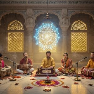 A serene indoor temple courtyard scene with golden light streaming through ornate jharokha windows, where seven diverse Indian devotees (4 women, 3 men) in traditional attire are immersed in devotional singing. The central figure plays a harmonium with intricate Indian patterns, while others play traditional instruments like tabla, kartals, and tampura. Their expressions radiate pure devotion and joy. Behind them, a large, ethereal mandala formation made of swirling musical notes and lotus petals floats in the air, emanating soft blue and golden light. The scene incorporates Madhubani-style decorative elements on the temple walls, featuring peacocks, lotus motifs, and geometric patterns in deep maroon and peacock blue. Delicate incense smoke forms mystical patterns in the air, catching the golden light. The atmosphere is enhanced by floating diyas and scattered flower petals on the marble floor, creating circular patterns. The overall composition should blend photorealistic details with spiritual surrealism, emphasizing the transcendental nature of devotional music. Shot from a slightly elevated angle to capture the entire gathering and the magical ambiance.