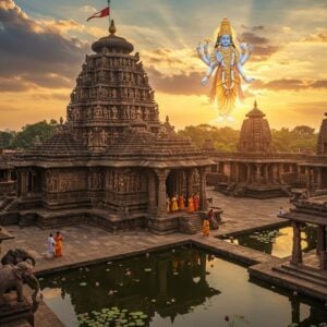 A majestic aerial view of an ancient Odishan temple complex at golden hour, with intricate Kalinga architecture featuring towering spires and curved rekha deul. The main temple has elaborate stone carvings of Lord Vishnu's ten avatars in chronological order along its walls. Lord Vishnu appears as a ethereal, translucent form floating above the temple, four-armed, holding Shankha, Chakra, Gada, and Padma, wearing pitambara and crown adorned with tulsi leaves. The temple grounds feature a sacred pond with blooming lotus flowers, reflecting the temple's image. Traditional Pattachitra-style patterns and motifs in deep maroon and gold accent the scene. Stone elephants and lions guard the temple entrance. Devotees in traditional Odishan attire perform parikrama around the temple. The sky features mystical clouds in peacock blue and saffron, with divine rays of light breaking through. Several smaller shrines dot the complex, connected by stone pathways lined with sculpted pillars. The scene is rendered in a blend of photorealistic architecture with ethereal spiritual elements, creating a serene yet grandiose atmosphere.