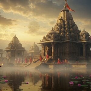 A majestic ancient stone temple complex emerging from morning mist, with intricate Nagara-style architecture featuring curved shikhara spires and detailed stone carvings. The main temple, dedicated to Lord Shiva, stands tall with ornate mandapa pillars and traditional stone sculptures. In the foreground, a serene water body reflects the temple's image, surrounded by blooming lotus flowers. The scene is illuminated by ethereal golden sunlight breaking through clouds, creating a mystical atmosphere. Sacred threads and flower garlands decorate the entrance, while small oil lamps cast a warm glow. Traditional Madhubani-style patterns merge with modern digital art techniques, incorporating deep maroons, saffron, and peacock blue colors. Floating mandalas and subtle spiritual symbols appear in the misty background. The scene includes devotees in traditional Indian attire performing morning rituals, their figures creating silhouettes against the golden light. The entire composition has a dreamy, surreal quality with hyper-detailed architecture and soft, atmospheric lighting.