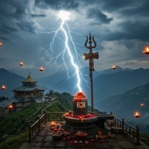 A majestic ancient Shiva temple perched atop a lush green Himalayan peak, with dramatic storm clouds swirling above. A massive lightning bolt, rendered in luminescent electric blue and white, strikes the temple's towering 60-foot metallic staff. The staff glows with divine energy, decorated with intricate Pahari-style metalwork patterns. In the foreground, a detailed stone lingam adorned with fresh flowers and vermillion powder. The scene is illuminated by both natural mountain light and the ethereal glow of the lightning, creating a dramatic interplay of light and shadow. Traditional oil lamps float in the air, their flames undisturbed by the storm. Himalayan peaks in background with misty valleys below. The architectural style reflects traditional Himachali temple design with intricate wooden carvings and slate roof. Art style combines photorealistic lighting with mystical Indian elements, rendered in rich colors of deep blues, golden yellows, and earthy browns. The atmosphere is charged with divine energy, with subtle mandala patterns forming in the storm clouds. Hyperdetailed, cinematic composition, volumetric lighting, epic scale.