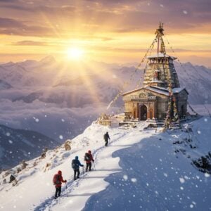 A breathtaking Himalayan landscape with the majestic Bijli Mahadev temple perched atop a snow-covered peak, its 60-foot metal rod gleaming in golden winter sunlight. In the foreground, three Indian trekkers (two men, one woman) in colorful winter gear (red, blue, and orange) navigate through knee-deep pristine snow. The temple architecture follows traditional Himachali style with intricate wooden carvings visible on its structure. The scene captures a dramatic moment with swirling snow particles catching light, creating a mystical atmosphere. The background showcases the Dhauladhar range bathed in sunrise colors of deep purple and orange. Prayer flags flutter in the wind, adding vibrant strips of color against the white landscape. The art style combines hyperrealistic digital painting with elements of traditional Indian miniature art, featuring detailed textures in the snow and architectural elements. The lighting is ethereal with god rays breaking through winter clouds, illuminating the temple's sacred spire. Scale should emphasize the temple's dramatic positioning and the challenging nature of the trek.