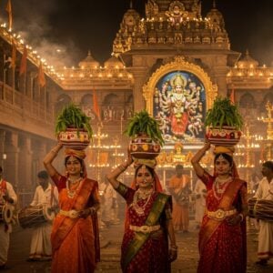 A majestic nighttime scene of the Ujjaini Mahakali Temple illuminated by hundreds of traditional oil lamps and modern spotlights, with intricate Telangana-style architecture in deep maroon and gold. In the foreground, three Indian women in traditional Telangana attire (featuring rich oranges and deep reds) gracefully balance decorated copper pots (bonam) adorned with neem leaves and turmeric on their heads, with vermillion and turmeric on their faces. The women wear traditional temple jewelry, bangles, and nose rings. Behind them, a group of drummers play traditional dhols with dynamic motion blur. The Goddess Mahakali's idol visible in the background, emanating a divine golden aura. The scene includes swirling incense smoke, floating marigold and jasmine flowers, and colorful silk flags. The atmosphere combines both festive energy and spiritual devotion, with a magical ethereal quality enhanced by bokeh effects from the lamps. Art style merges traditional Telangana folk art patterns with modern digital aesthetics, emphasizing rich colors and intricate details. Cinematic lighting with warm golden hues contrasting with deep shadows creates depth and drama.