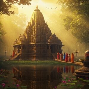 A majestic ancient stone temple with intricate carvings emerges from a misty forest, its spire reaching towards a golden sky. In the foreground, a serene pond reflects the temple's image, with lotus flowers floating on its surface. A group of pilgrims in colorful traditional Indian attire walk along a winding path towards the temple entrance. Rays of sunlight filter through the trees, creating a mystical atmosphere. The scene is adorned with elements of Madhubani art, featuring stylized depictions of nature and divine symbols. A large, ornate stone lingam is visible near the temple entrance, surrounded by glowing oil lamps. The overall color palette combines deep maroons, saffron oranges, and peacock blues with touches of gold, creating a rich, spiritual ambiance. The art style blends photorealistic details with surreal, ethereal elements, giving the scene a dreamlike quality that invites viewers on a sacred journey.