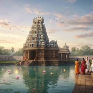 A serene, ethereal scene of the Bugga Ramalingeswara Swamy Temple, nestled in lush green surroundings. The temple's ornate Dravidian architecture is highlighted with soft, golden light, emphasizing its intricate carvings and towering gopuram. In the foreground, a crystal-clear sacred spring flows, with devotees in colorful traditional attire offering prayers. The sky is painted in pastel hues of dawn, with wispy clouds forming subtle mandala patterns. Glowing lotus flowers float on the spring's surface, symbolizing spiritual awakening. A modern Indian family, dressed in a blend of traditional and contemporary clothing, approaches the temple, guided by a local priest. The scene is rendered in a style that combines hyperrealism with soft, dreamy edges, creating a modern yet timeless atmosphere. The overall composition balances the ancient spirituality of the temple with the contemporary feel of present-day pilgrims, inviting viewers to embark on their own journey.