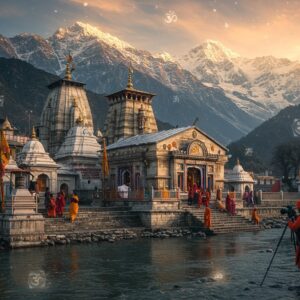 A majestic Himalayan temple complex nestled amid snow-capped peaks, rendered in ethereal digital art style combining traditional Pahari painting techniques with modern aesthetics. The temple's white-washed spires and ornate architecture glowing with divine golden light, reflecting in the crystal-clear waters of the Bhagirathi River. Sacred flags flutter in the mountain breeze. A professional photographer in traditional Indian winter wear is skillfully positioning their camera on a tripod during the magical golden hour. Multiple translucent overlays showing different camera angles and composition techniques float in the air like mystical windows. The scene features rich details including ancient stone steps leading to the temple, devotees in colorful winter clothing, and swirling mists adding atmosphere. The lighting emphasizes both dawn and dusk photography opportunities with soft oranges and blues. Traditional Himalayan architectural details are precisely rendered. The color palette includes deep maroons, saffron, pristine whites, and steel blues of the mountains. Intricate mandala patterns and Om symbols subtly woven into the sky like celestial guides.