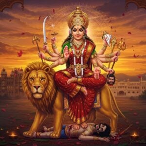 A majestic portrayal of Goddess Chamundeshwari in her fierce form, seated on a golden lion against the backdrop of Chamundi Hills at sunset. The Goddess has eight arms, holding traditional weapons - sword, trident, mace, chakra, conch, bow, shield, and a demon's severed head. She wears a deep red silk saree with gold border, adorned with intricate temple jewelry including a grand crown embedded with rubies. Her face shows divine anger yet maintains maternal compassion. The scene features Mysore Palace silhouetted in the distance, with floating lotus petals and divine light rays. The atmosphere combines Madhubani-style decorative patterns in the sky with modern digital art elements. The color palette includes deep maroon, royal gold, saffron, and midnight blue. Swirling energy patterns and small floating diyas surround the Goddess, while demon Mahishasura lies defeated at her feet. The lion's mane flows dramatically with cosmic energy, and the entire scene is encompassed by a large, glowing mandala frame with Sanskrit inscriptions.