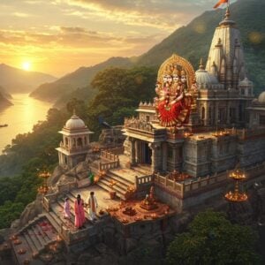 A magnificent aerial view of Chandi Devi Temple perched atop Neel Parvat, with the sacred Ganga river flowing below in golden sunset light. The temple architecture features intricate North Indian style with white marble and gold accents, surrounded by lush green forests. In the foreground, a young Indian family in contemporary traditional wear (woman in pastel pink silk saree, man in white kurta) climbing the decorated stone steps, with prayer offerings in hands. Floating diyas and marigold petals create a mystical path leading to the temple. The scene includes divine elements like peacocks, temple bells, and swirling luminescent mandalas in the sky. The main shrine shows the three-headed Chandi Mata idol emanating a soft golden glow, adorned with red silk, gold ornaments, and a flower crown. Soft mist adds ethereal quality around the temple spires, while distant Himalayan peaks are visible in the background. Style combines hyperrealistic digital art with traditional Pahadi temple art elements, using a color palette of deep maroons, saffron, gold, and emerald green with magical lighting effects.