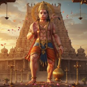 A majestic Hanuman statue in powerful stance, 20 feet tall, muscular build, orange-saffron dhoti, adorned with golden ornaments and sacred thread, facing East with hands in anjali mudra. His face shows divine devotion, with flowing orange-red hair and tail curved upward. Behind him, a grand South Indian temple architecture with ornate gopurams featuring Dravidian style carvings in warm sandstone color. The scene is set during sunrise with golden rays filtering through morning mist. Foreground shows traditional deepa-stambhams (lamp posts) with lit oil lamps. Detailed Madhubani-style patterns in rich maroon and peacock blue frame the scene. Scattered lotus petals and subtle spiritual symbols float in the air. The lighting is ethereal with soft glowing halos and gentle lens flares. The color palette combines deep traditional colors with modern gradient effects. The overall composition creates a harmonious blend of ancient spirituality and contemporary digital art aesthetics. Hyperrealistic 3D rendering, cinematic lighting, architectural photography influence --ar 16:9