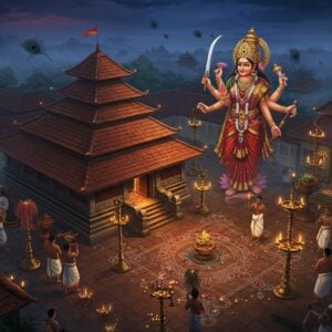 A majestic aerial view of Chettikulangara Devi Temple at dusk, rendered in traditional Pattachitra-meets-digital art style. The temple's distinctive Kerala architecture features copper-plated roofs gleaming in golden light, surrounded by traditional deepasthambams (brass lamp posts). The central focus is the ethereal form of Bhadrakali, depicted as a beautiful Indian goddess with four arms - her upper right hand holding the sword, upper left hand holding the shield, lower right hand in abhaya mudra, and lower left hand holding a lotus. She wears a deep red and gold Kerala-style kasavu saree, adorned with traditional temple jewelry including a distinctive nose ring and multiple golden necklaces. Around the temple, intricate kolam patterns glow with oil lamps, creating concentric mandalas. The scene includes devotees performing the famous Kuthiyottam ritual, with young boys in traditional Kerala attire carrying decorated poles. The background shows mystical elements like floating lotus flowers, peacock feathers, and sacred flames in deep blues, magentas, and gold. Soft ethereal fog adds depth, while maintaining the architectural accuracy of the temple's sanctum sanctorum. The lighting creates a dramatic interplay of shadow and divine light, emphasizing the spiritual ambiance.