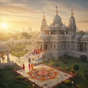 A majestic aerial view of the ornate Chhatarpur Temple complex during golden hour sunrise, with intricate white marble domes and spires reaching skyward. The temple's traditional South Indian architecture blends with North Indian elements, featuring detailed carved pillars and archways in Madhubani art style. Peaceful devotees in colorful traditional Indian attire walking through well-manicured gardens with blooming lotus ponds. Soft morning mist creates an ethereal atmosphere, with golden sunrays filtering through, creating a divine ambiance. The foreground shows a beautiful mandala pattern made with fresh flowers and diyas. Modern Delhi skyline visible subtly in the far background, creating a striking contrast. The scene is rendered in a dreamy, photorealistic style with warm golden and peacock blue accents, enhanced by spiritual symbols like Om and swastikas integrated naturally into the architecture. Glowing lanterns and floating flowers add to the magical atmosphere, while peacocks roam the temple grounds. Ultra-detailed, cinematic composition, shot from a slightly elevated angle to showcase the temple's grandeur.