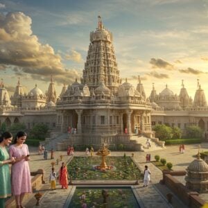 A grand aerial view of the majestic Chhatarpur Temple complex at golden hour, with its ornate South Indian-style architecture glowing in warm sunlight. The main white marble temple stands prominently in the center, surrounded by intricately carved smaller shrines and beautiful gardens with blooming lotus ponds. Traditional Indian families in contemporary clothing walking through the temple courtyards, creating a sense of scale. In the foreground, a young Indian couple in modern attire (woman in pastel silk kurta, man in crisp white shirt) consulting a phone, suggesting modern planning. The sky features soft, ethereal clouds with peacock-blue and gold gradient. Mandala patterns and sacred geometric designs float subtly in the air, adding a mystical touch. The scene is enhanced with soft lens flares and floating marigold petals. The architectural details showcase detailed Dravidian-style gopurams with golden finials catching sunlight. The atmosphere combines both devotional serenity and tourist-friendly accessibility. Style: photorealistic digital art with traditional Indian art elements, cinematic lighting, high detail, 8k resolution