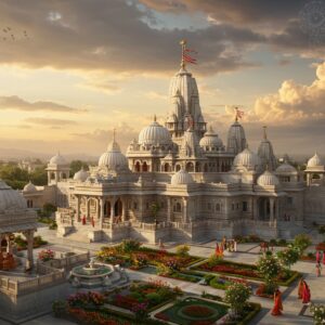 A majestic aerial view of the Chhatarpur Temple complex at golden hour, featuring its stunning white marble domes and spires reaching towards a dramatic sky filled with soft pastel clouds. In the foreground, intricate Madhubani-style patterns blend seamlessly into the modern architectural elements. The main temple tower is captured in sharp detail, adorned with traditional Indian architectural elements like shikhara and kalash. A gentle ethereal glow surrounds the temple complex, with delicate lotus flowers floating in the ornate temple pools. The scene includes devotees in traditional Indian attire walking through the sprawling temple gardens filled with vibrant marigolds and roses. Rays of sunlight filter through the clouds, creating a divine atmosphere. The color palette consists of warm ivory, golden yellow, deep saffron, and peaceful sky blues. The art style combines hyperrealistic architectural details with ethereal Indian traditional art elements, rendered in high-definition digital art quality. Ornate mandalas float subtly in the sky, adding a spiritual dimension to the scene.