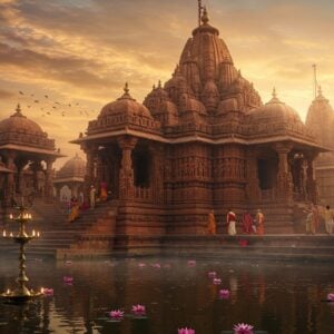 An ancient majestic temple complex in Chhattisgarh style architecture, featuring intricate Nagara-style shikhara towers adorned with detailed stone carvings of deities and geometric patterns. The main temple, built in red sandstone, rises dramatically against a mystical dawn sky with soft golden and saffron hues. Multiple smaller temples with curved spires surround the main structure, connected by ornate archways. In the foreground, a serene water body reflects the entire scene, with floating lotus flowers in pastel pink. The temple walls showcase elaborate relief sculptures depicting scenes from Hindu mythology, with particular attention to local Chhattisgarhi artistic styles. Traditional brass oil lamps illuminate the entrance, creating a warm ethereal glow. Decorative stone pillars feature intricate carvings of celestial dancers and musicians. The scene is enhanced by morning mist, creating a dreamy atmosphere with rays of sunlight filtering through, highlighting the architectural details. Several devotees in traditional Chhattisgarhi attire are seen performing morning rituals. The composition combines photorealistic architectural details with magical realism, rendered in a style merging traditional Indian art with modern digital techniques. The color palette focuses on deep reds, warm golds, and earth tones, with accents of peacock blue in the sky.